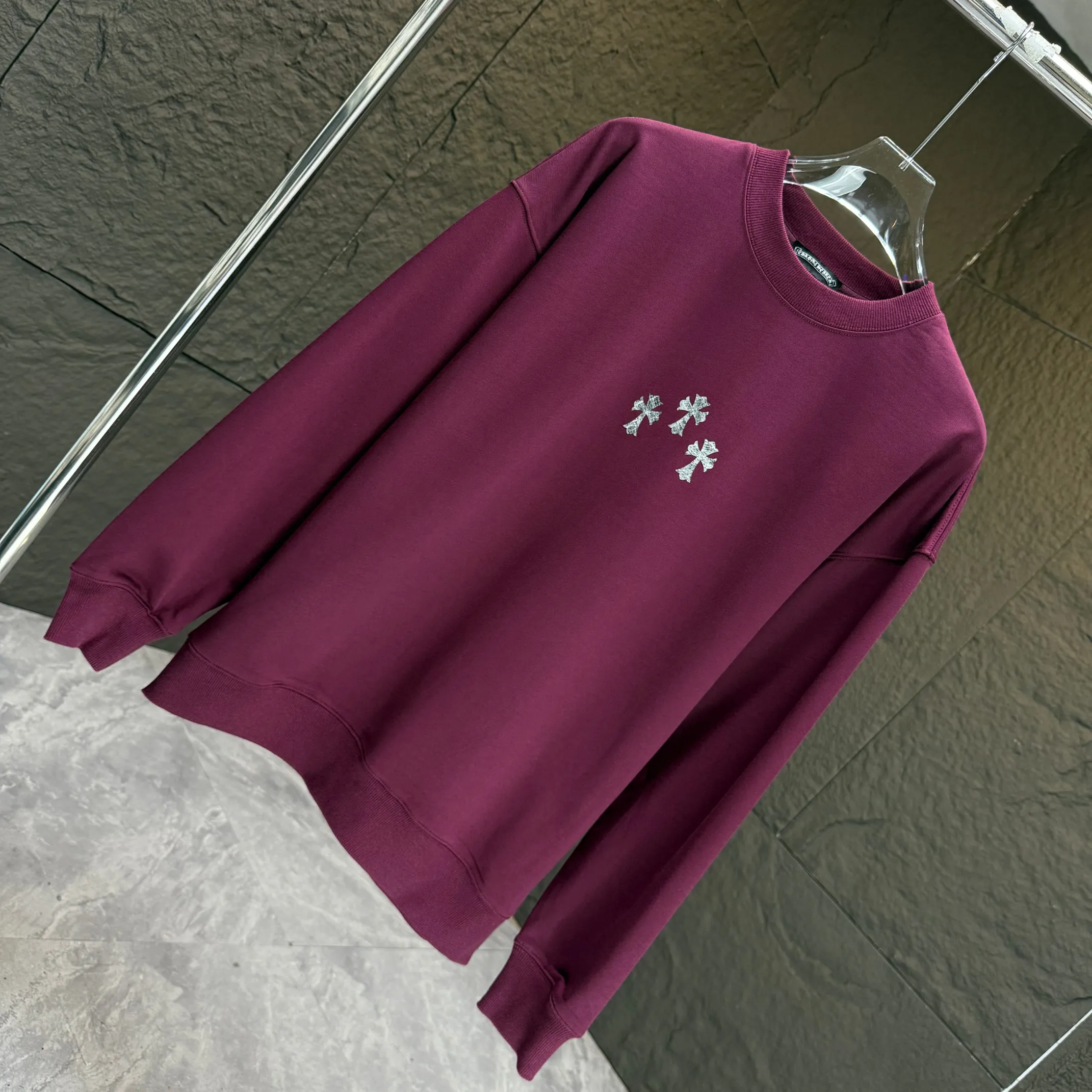 🅿️250 CH* Croixin* 2025 autumn and winter new round neck sweatshirt 400g terry cotton Sanskrit horseshoe logo flocking➕silver wire Color: Black White Gray Purple Size: S M L XL XXL
